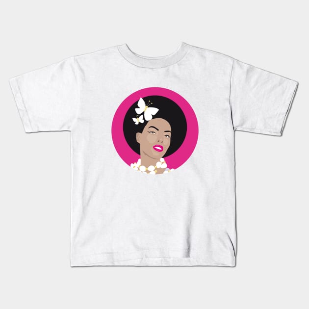 Girl with Butterflies In Her Afro - Pink Circle 2 Kids T-Shirt by VicEllisArt
